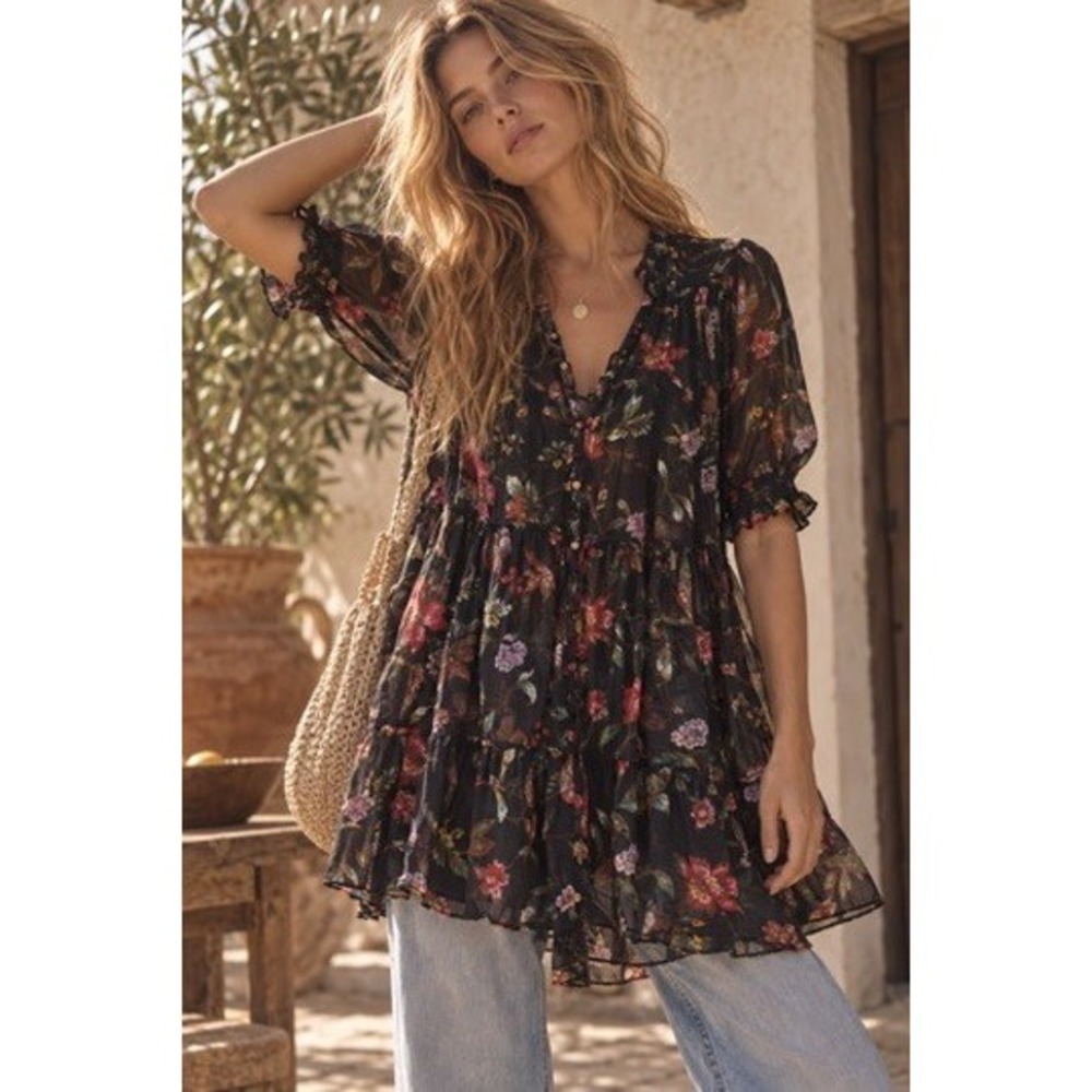 Anthropologie Floral Tiered Sheer Tunic Top Black V-Neck Short Puff Sleeve XS